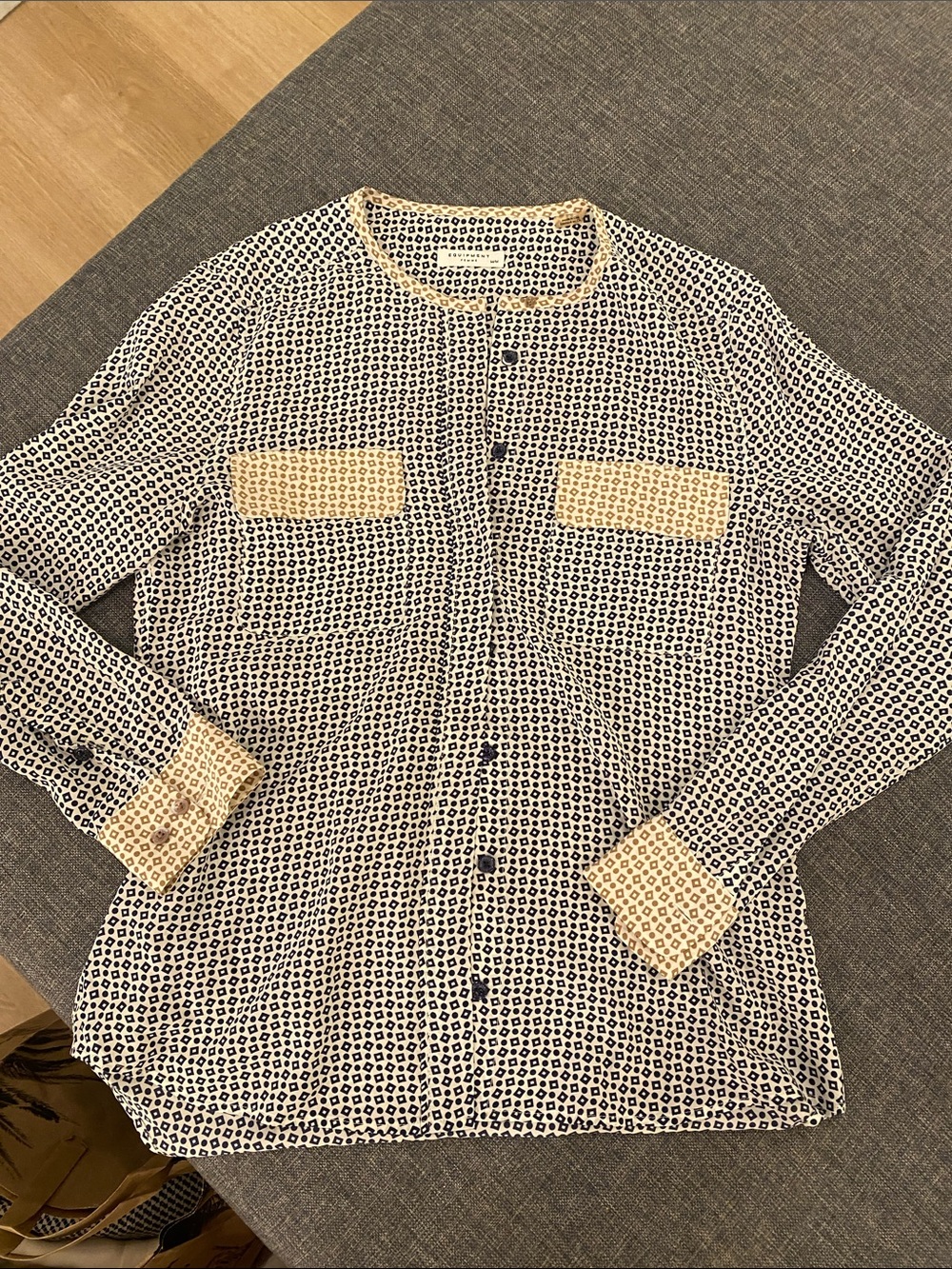 Equipment Printed Shirt Jacket in White and Navy with Cream Trim